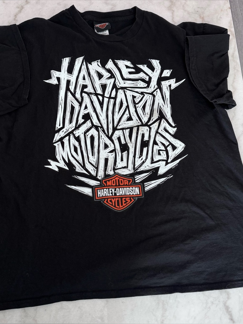 Harley-Davidson Black Tee with White Graphic and Orange Accent